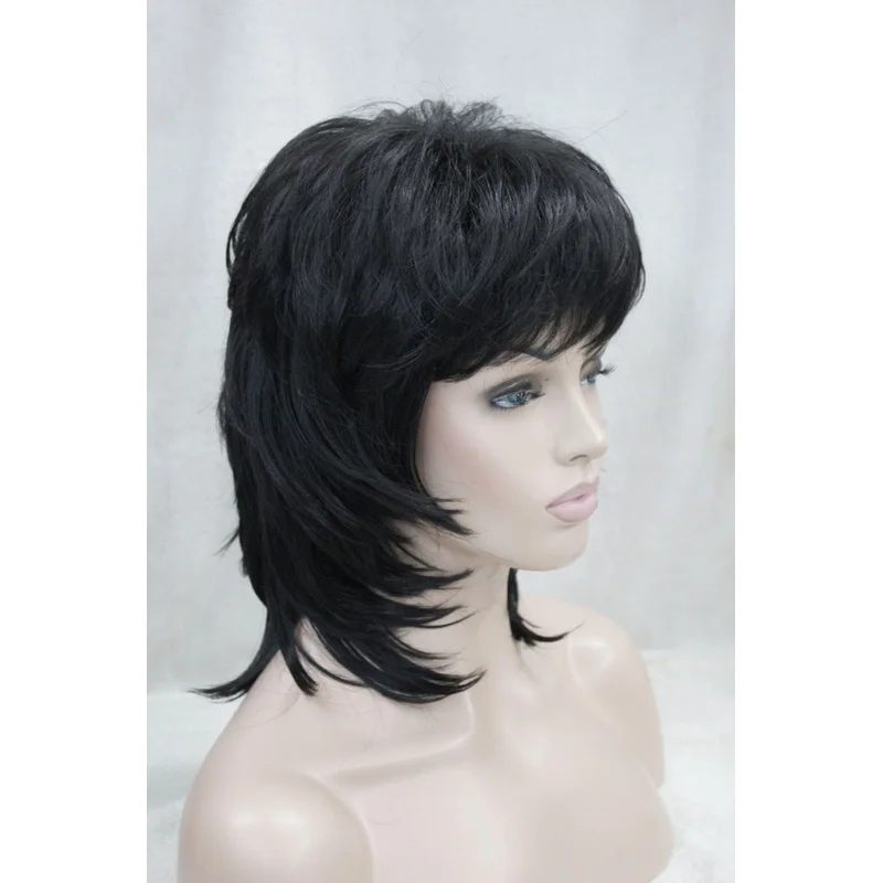 

Synthetic Hair fluffy layer off black medium length wavy women's full wig