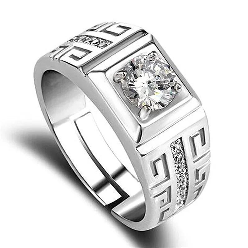 Charm Silver Color Rings for Men Shining Crystal Adjustable Size Fashion Gifts Engagement Wedding High Quality Jewelry