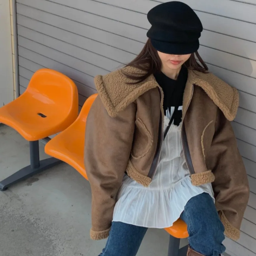 ラムファー ジャケット レディース オルト スレ ビッグカラー 冬コート スイート クール PUレザー バイカー服 韓国風 スレ レギュラーフィット