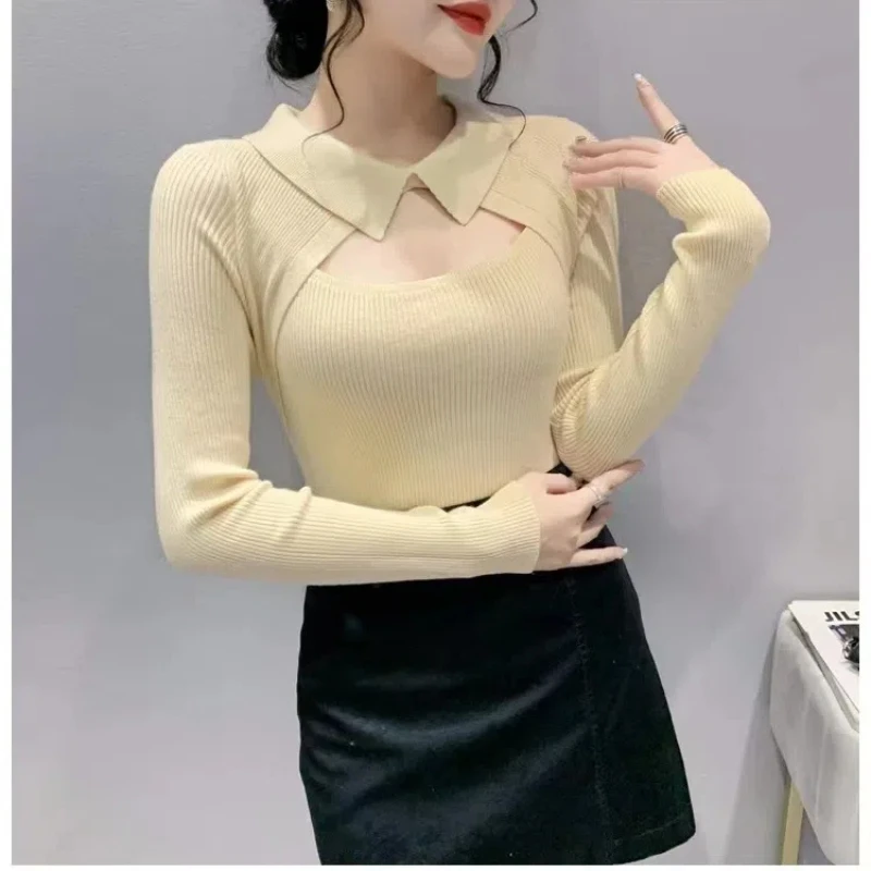 Korean Chic Autumn/Winter Sweaters Pullovers Women\'s Lapel Solid HollowTemperament Slim Long Sleeve Bottoming Shirt Knitted Tops