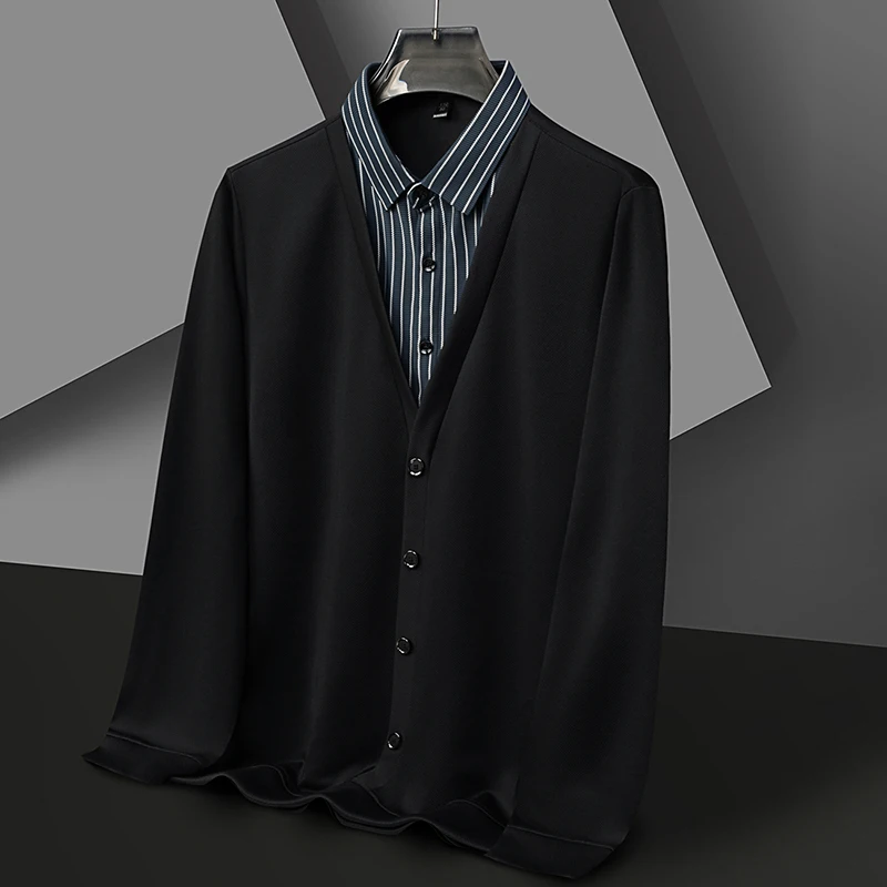 Men's Casual Striped Shirt Collar Sweater with Two-Piece Effect, 2026 New Arrival for Mid-Aged and Youthful Autumn Wear
