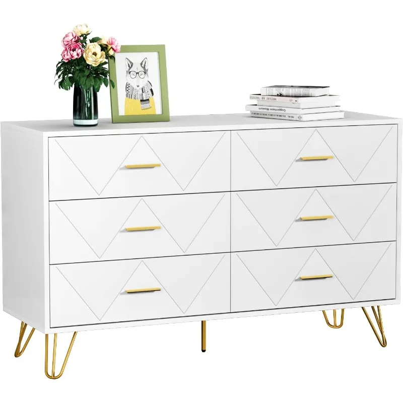 

White Dresser, Modern Dresser for Bedroom, 6 Drawer Double with Wide Drawers and Metal Handles, Wood Dressers & Chest