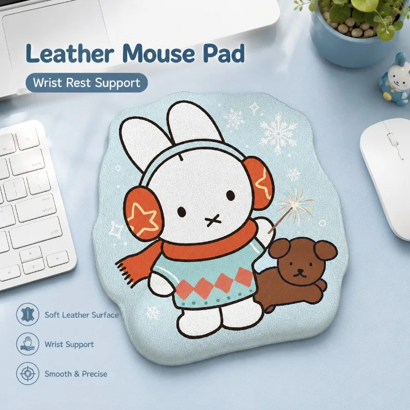 Anime Miffy Leather Mouse Pad with Wrist Rest Small Computer Desk Mat Wrist Support Design for Laptop Desktop Office Desk Setup