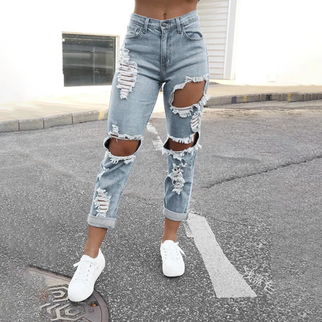 Jean en Denim Troue pour Femme Pantalon Dechire Style de Rue Tube Vertical Pompon Effiloche Japonais AliExpress