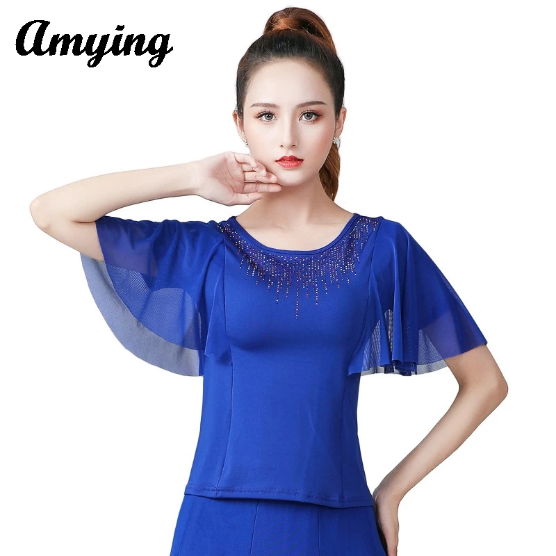 

New Women Dance Short Sleeve Top Water Diamond Flare Sleeve Dancing Tops Clothing Gitba Dance Top Square Dance Apparel Plus Size