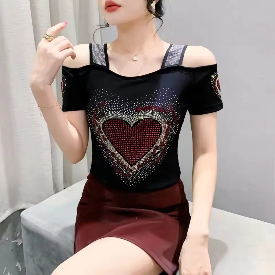 New Arrival Big Love Heart Shape Design Women's T-Shirts Off Shoulder Shiny Diamonds Mesh Tops High Quality Blusas Tee Shirts