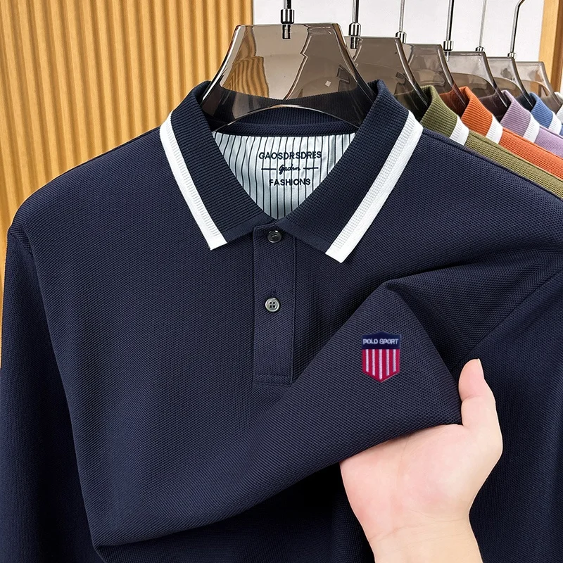 Cotton100% Men's Autumn Long Sleeved Polo Shirt Contrasting Lapel Shield Embroidery High-Quality T-Shirt Top Casual Men Clothing
