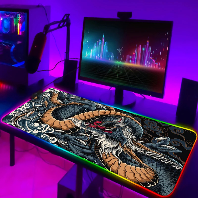 Large Game RGB Mouse Pad Chinese Dragon Gaming Accessories HD Print Computer Keyboard LED Mousepad XXL PC Gamer Laptop Desk Mat