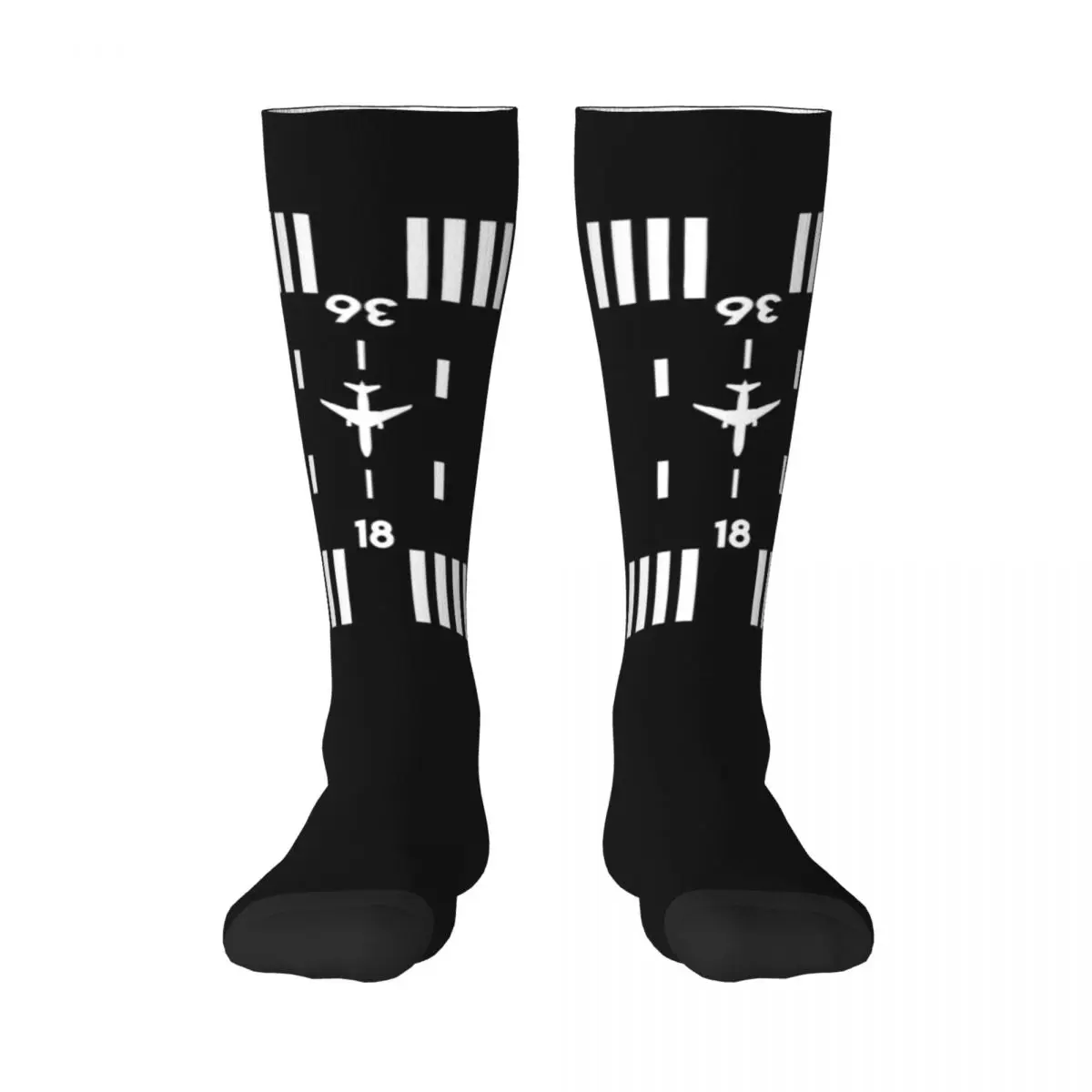 Print Airport Runway Traffic Controller Socks for Women Girl Stretchy Sports Knee High Aviation Airplane Pilot Aviator Stockings