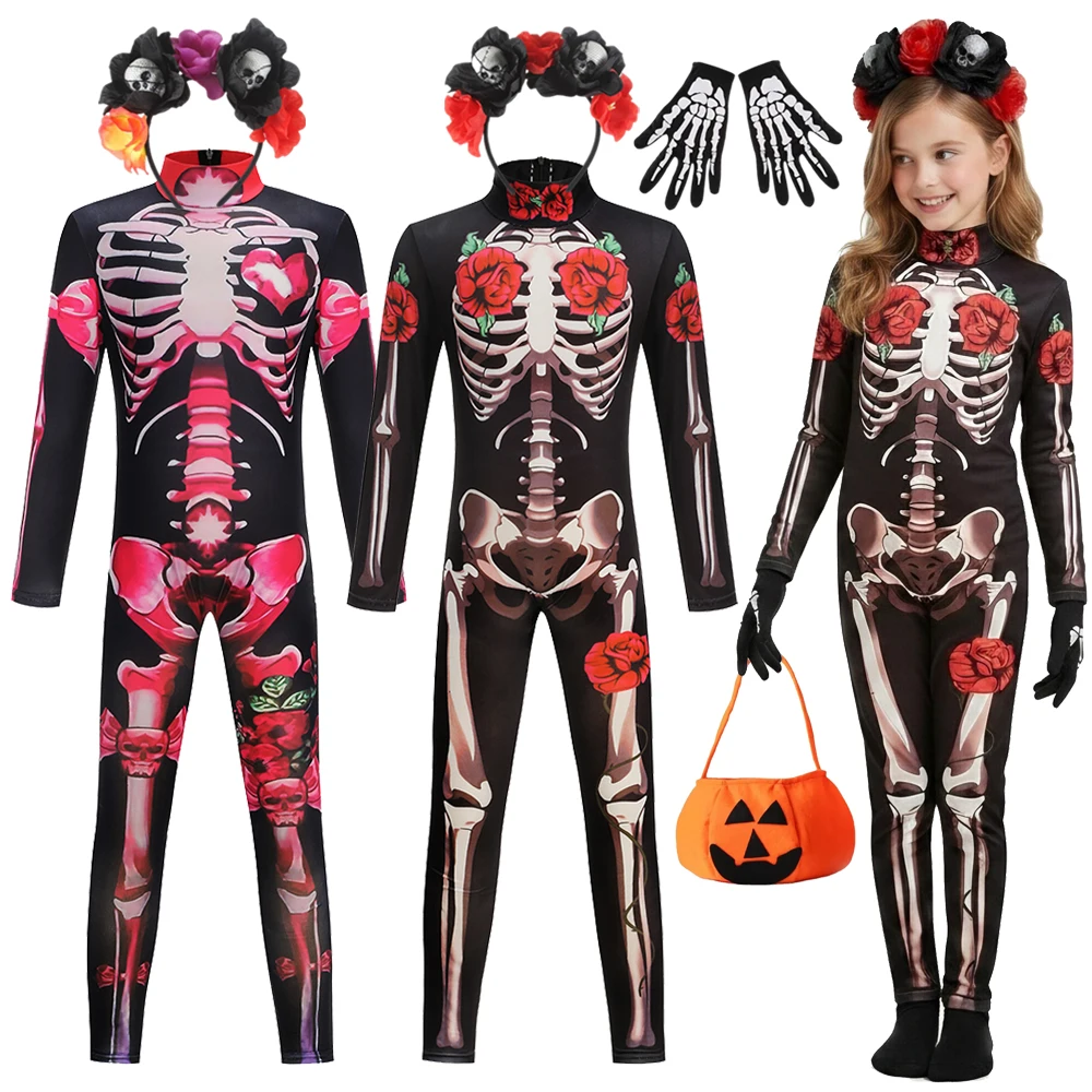 Girls Rose Printed Skeleton Bodysuit Halloween Ghost Bride Costume Scary Performance Scary Dress Up Outfit
