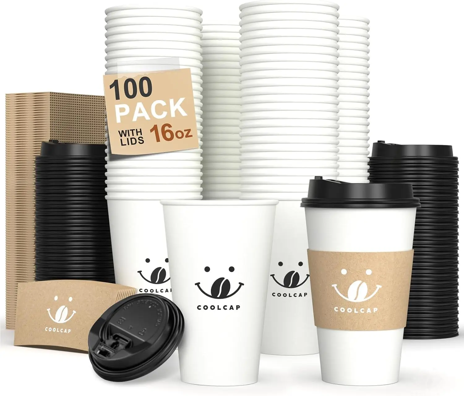 

Coffee Cups with Lids and Sleeves, 16 Ounce 100 pack To Go Coffee Cups with Lids, Disposable Hot Coffee Paper Cups Bulk