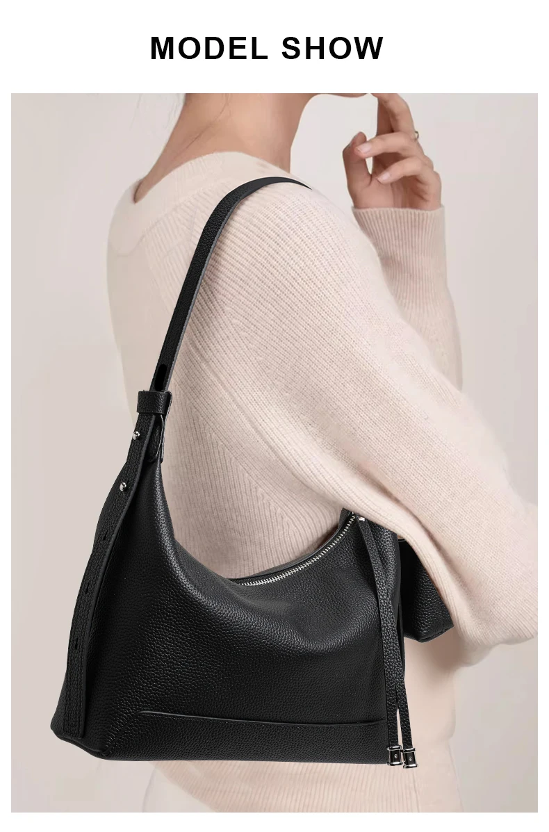Hobo-Tasche aus genarbtem Rindsleder für Damen mit zwei Trageriemen, weichem Rindsleder und Einzel-Schulterriemen für den täglichen Freizeitgebrauch. – Detail 1