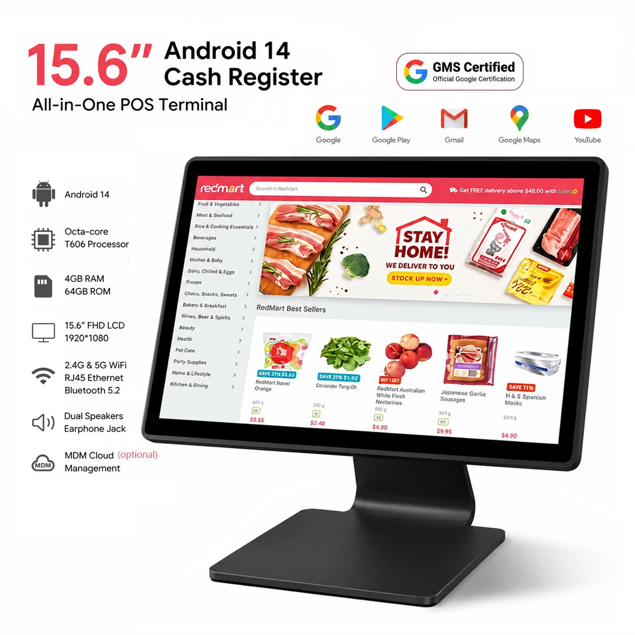 15.6" Android14 Capacitive Single Touch Screen Cash Register 8-Core T606 4G +64G GMS Retail Restaurant All-in-One POS Terminal