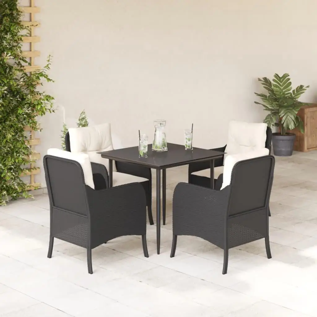 5-Piece Black Poly Rattan Patio Dining Set with Cushions - Outdoor Furniture Set