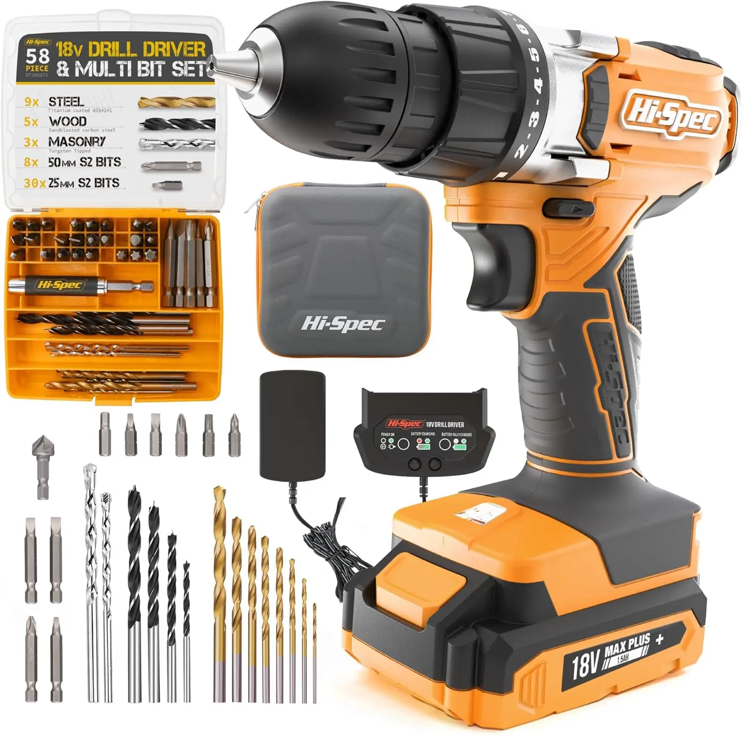

58pc 18V Cordless Power Drill Driver, Bit Set & Case. Complete Drill and Drill Bit Set for Home & Garage DIY