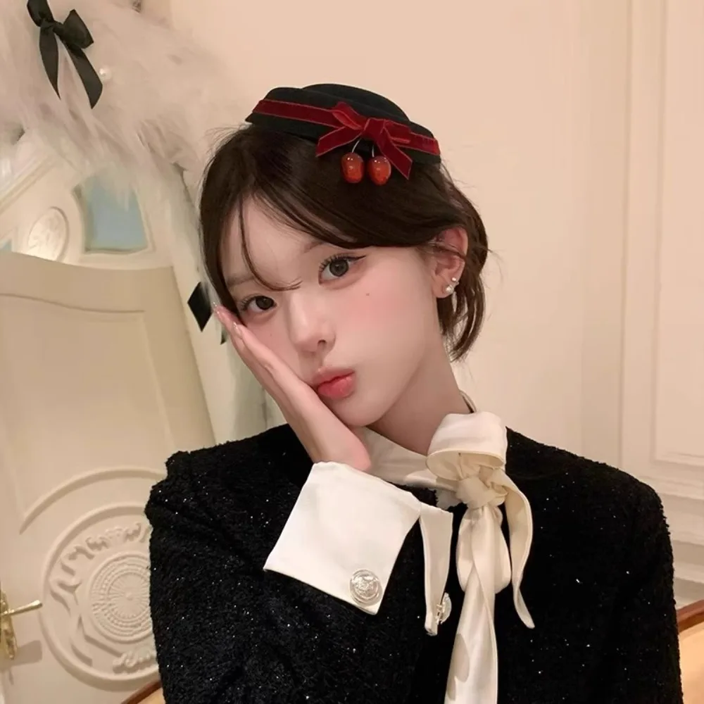 Cute Cloth Bow Tie Cherry Beanie Hat Black French Style Round Hat Hair Clip White Hair Accessories Dress Up
