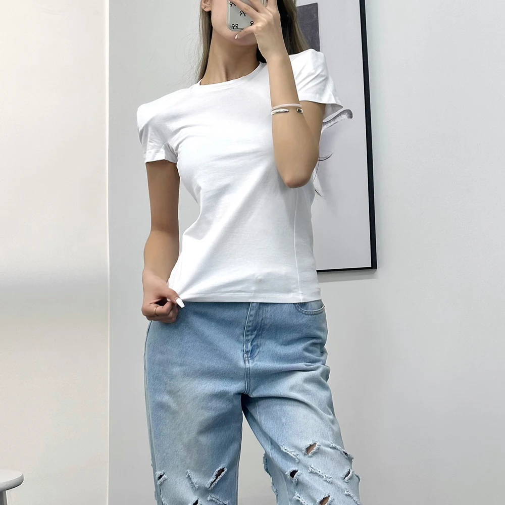 

Women's Short Sleeve Padded Round Neck T-Shirt, Simple Fashion, Commuter, Hundred Cotton Tees, Summer Tops, New, Y2K, 2024