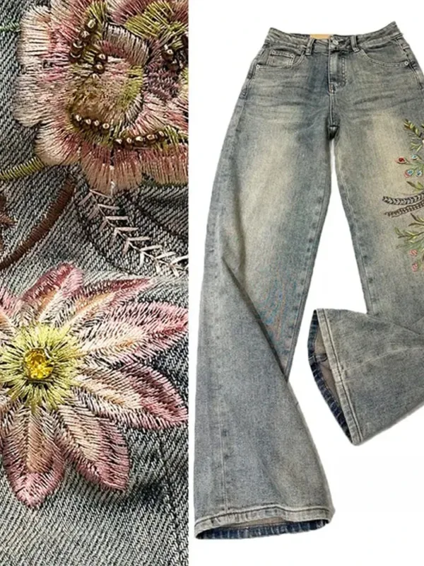 

Spring 2026 New Style Casual Embroidered Flower Vintage Washed Wide Leg Pants Straight Cut High Waist Denim Anti-Bacterial