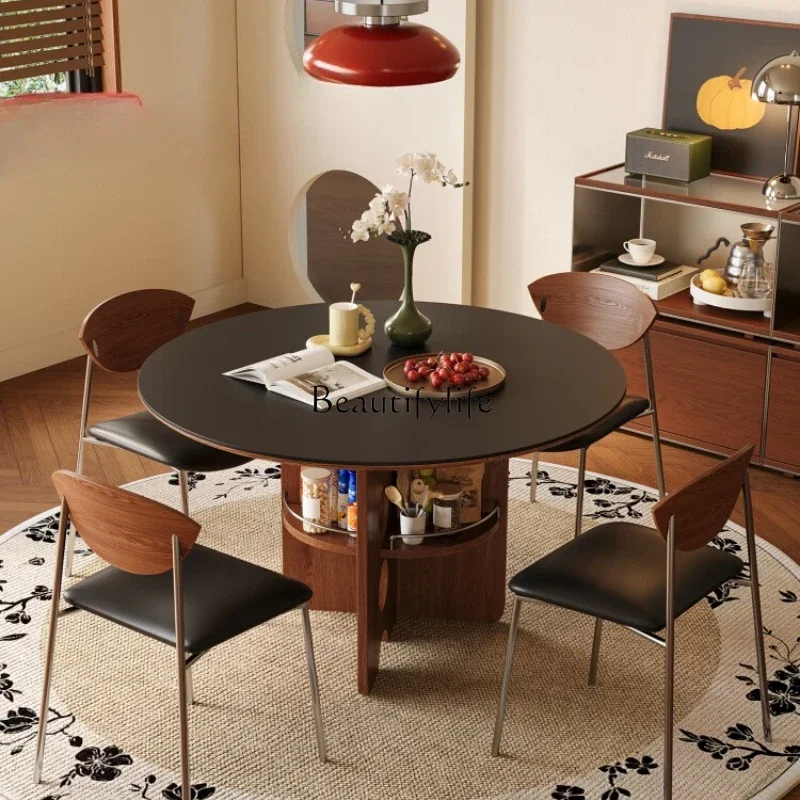 

3Vintage High-End Round Negotiation Table Light Luxury Solid Wood Rock Board Dining Table