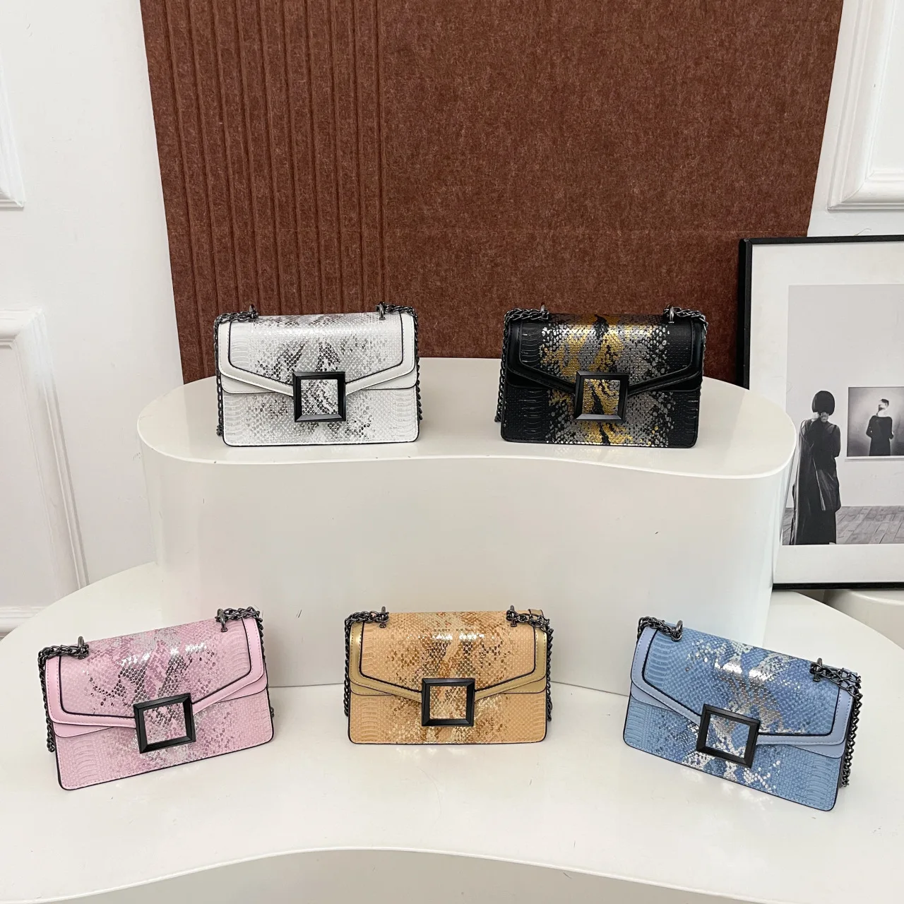 

2025 New Snake Print Bag Women Chain Crossbody Double Flap Large Square Fashion Purse