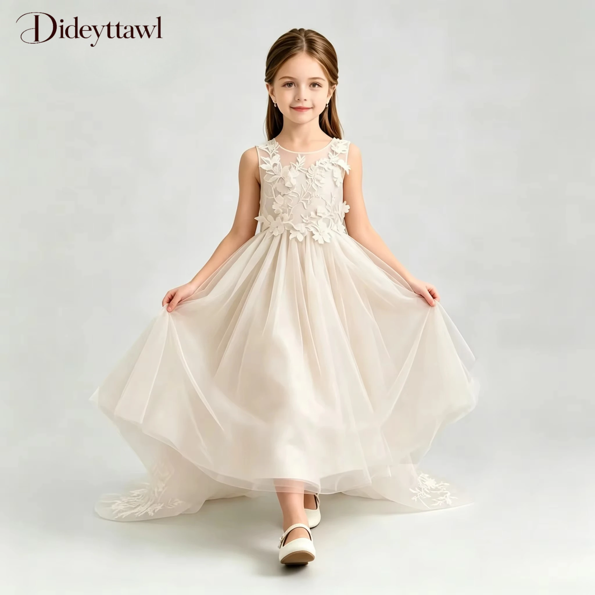 Flower Tulle Long Dress Sleeveless 3D Floral Applique Trailing Gown Champagne Kids Wedding Birthday Party Pageant Formal Party