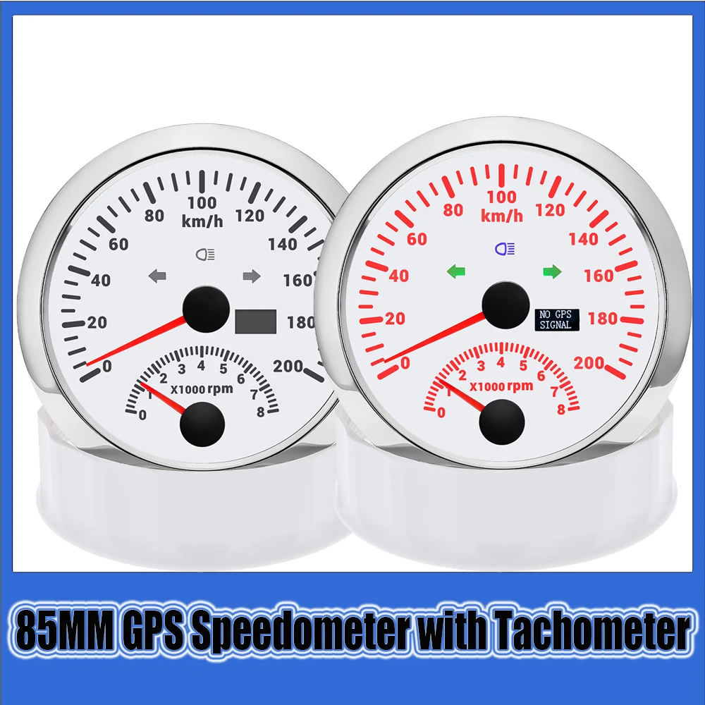 Waterproof 85mm Digital Car Truck Boat GPS Speedometer Red Backlight 200kmh/200mph Speedometer with 0-8000rpm Tachometer