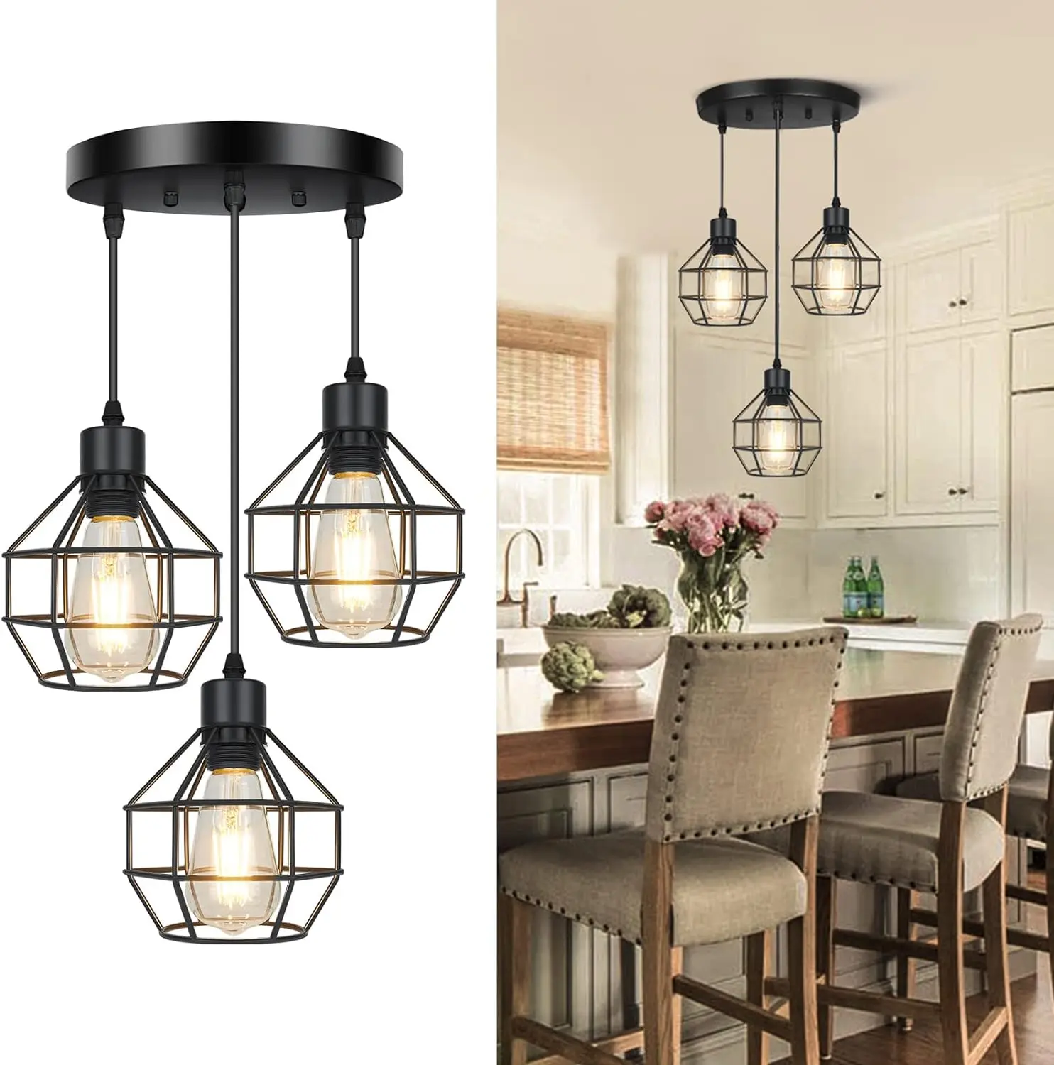 Black Pendant Light Base,Farmhouse Adjustable Hanging Light Fixture Over Island,Metal Ceiling Hanging Lamp Socket for Room,3 Set