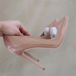 New nude shiny patent leather sexy pumps 12cm high heel nightclub pointed toe women 10cm party shoes plus size 46 QP154 ROVICIYA