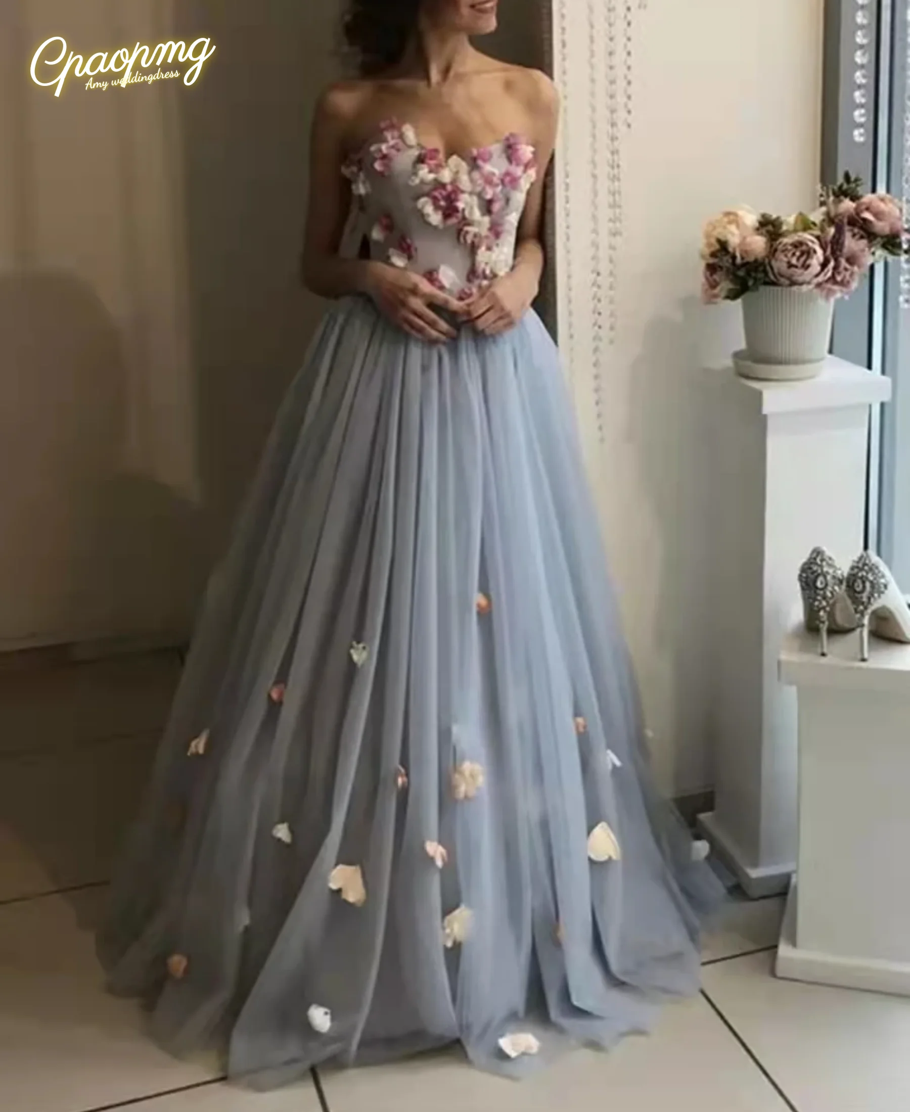 

Изысканные вечерние платья в пыльно-голубом цвете с 3D-цветами, длинные, с цветочным узором, больших размеров, на шнуровке, для выпускного вечера