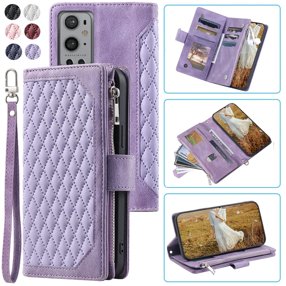 

Fashion Zipper Wallet Case For OnePlus 9 PRO Flip Cover Multi Card Slots Cover Phone Case Card Slot Folio with Wrist Strap