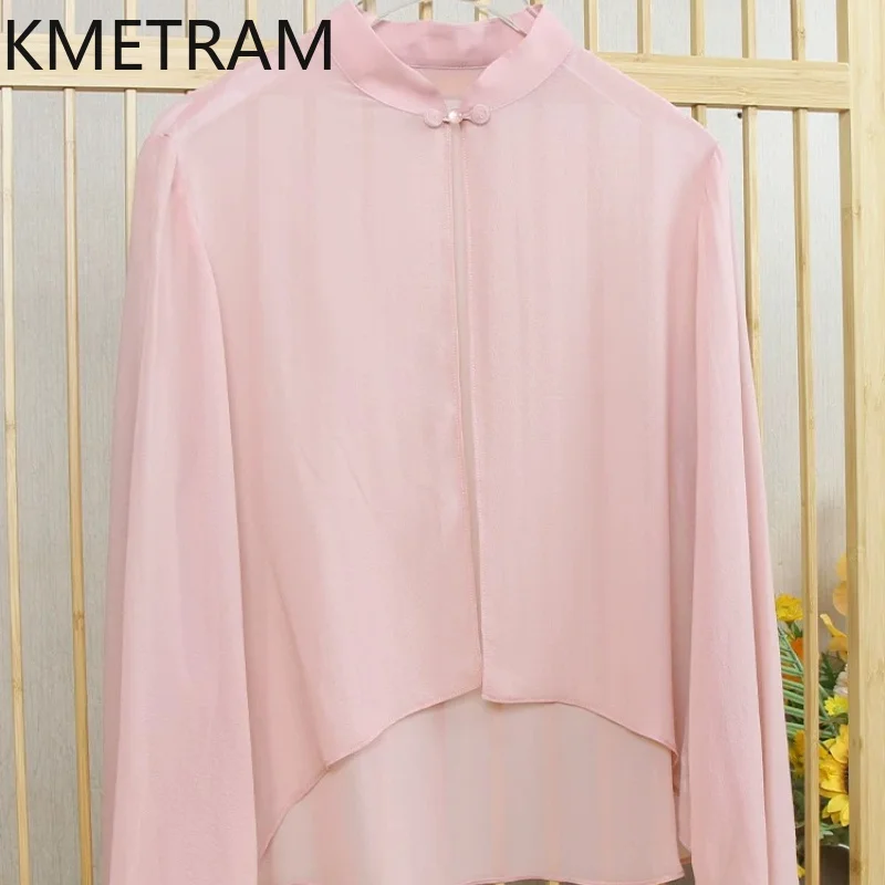 KMETRAM 100% Real Mulberry Silk Women Tops 2026 Summer Chinese Style Long-sleeved Sun-protective Shirts Woman Clothes Ropa Mujer