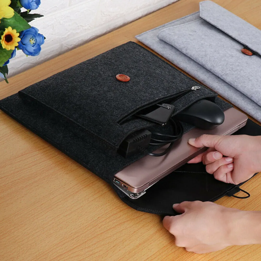 Black Portable Felt Laptop Bag 14 Inch Slim Lightweight Computer Pouch Business Travel Laptop Organizer with Button Closure and