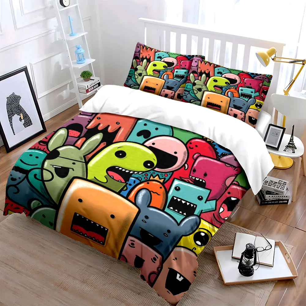 Colorful Cartoon Monster Group Print Bedding Set 1 Duvet Cover 2 Pillowcases for Adult and Children Luxury Gift Full Size