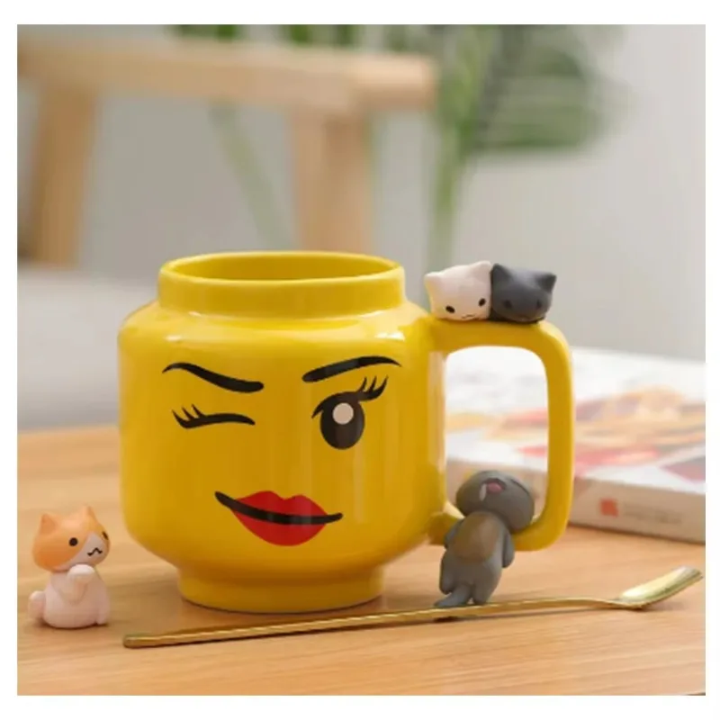 201-300mML Cartoon Ceramic Mug with Cute Mischievous‑Face Figure Coffee Milk Tea Drinking Cup Gift for Couples Friends & Family