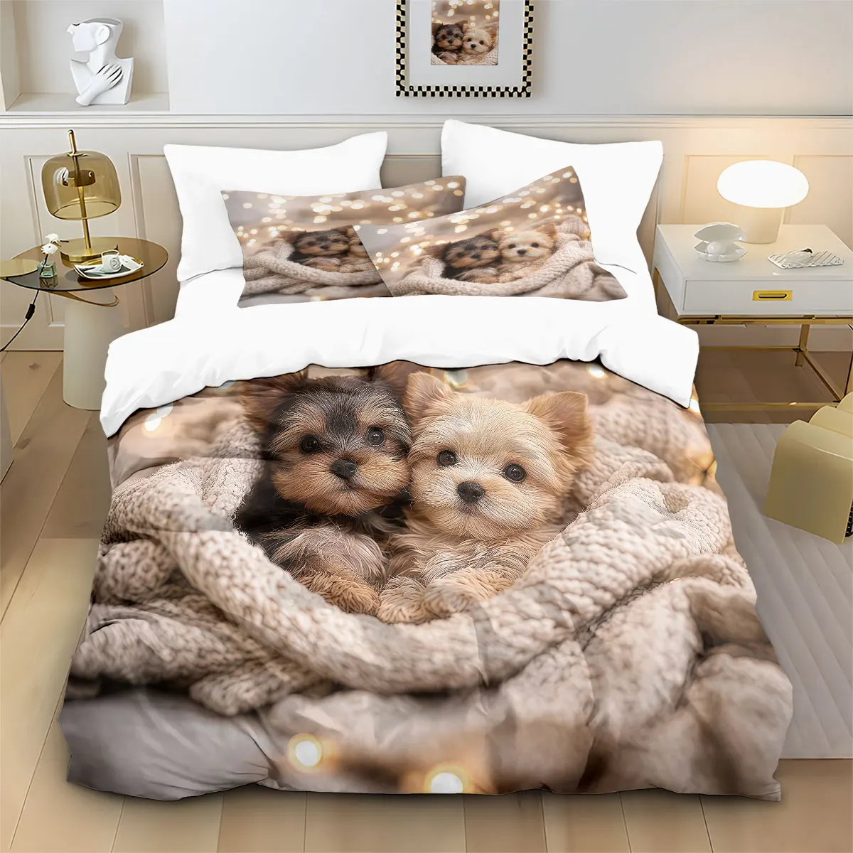 

3pcs Cute Puppy Print Coreless Down Duvet Cover Set, Multi Size Bedroom Bedding Decoration, Machine Washable