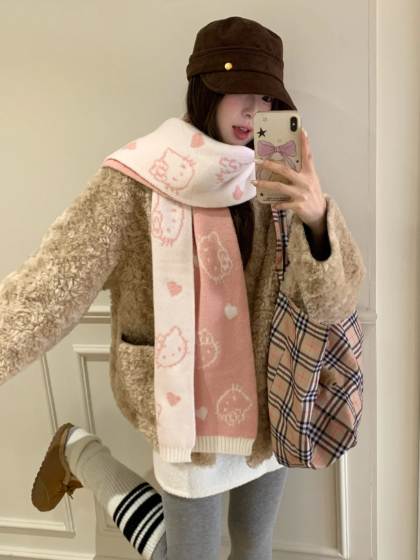 Cute Cartoon Cat Double-Sided Knitted Scarf For Women New Autumn And Winter Thickened Warm Neck Warmer