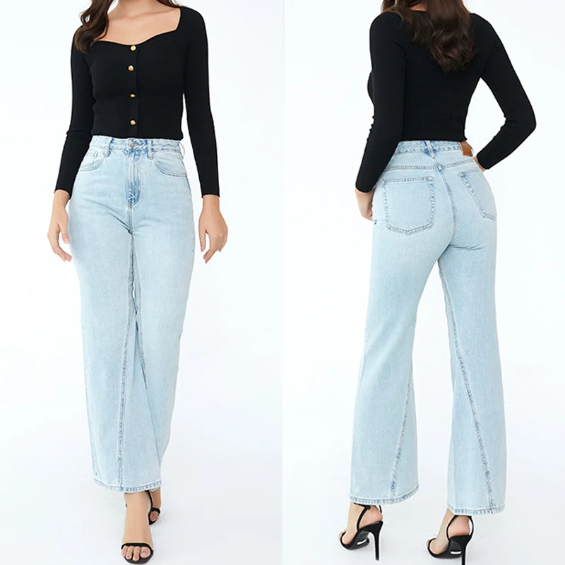 Women Light blue jeans fashion high waisted cotton twisted seam denim pants