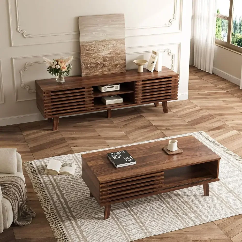 2-Piece Living Room Furniture Set: Coffee Table, TV Stand with Sliding Door Storage, Walnut Finish