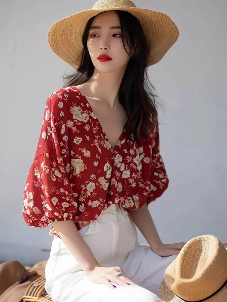 

Ретро-топ с красным цветочным принтом для женщин: дизайнерская новинка в корейском стиле, прямой крой, V-образный вырез, пять пуговиц