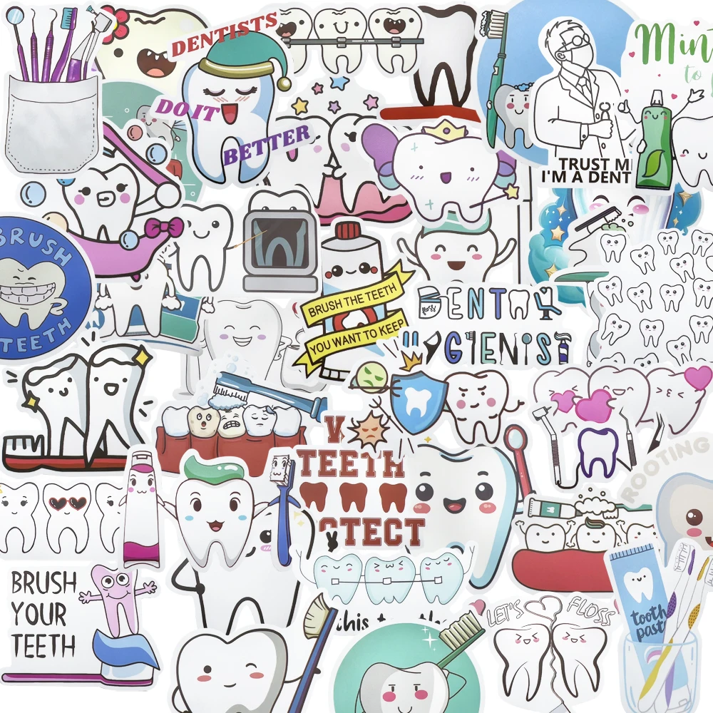 50Pcs Cute Cartoon Protect Tooth Stickers Brushing Pattern Molar Toothbrush Shape Sticker Dentistry Graffiti Gift Clinic Decor