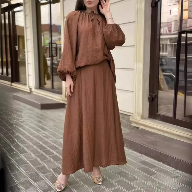 Women\'s Suit 2024 Spring New Casual Loose Skirt Suit Puff Sleeve Loose Top Sweeping Skirt 2-piece Set Womens 2 Piece Outfit Set