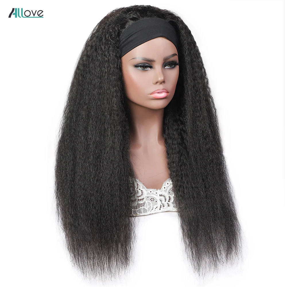 Allove Kinky Straight Headband Wig Full Machine Made Wigs 250 Density Yaki Brazilian Remy Human Hair Scarf Wig For Women