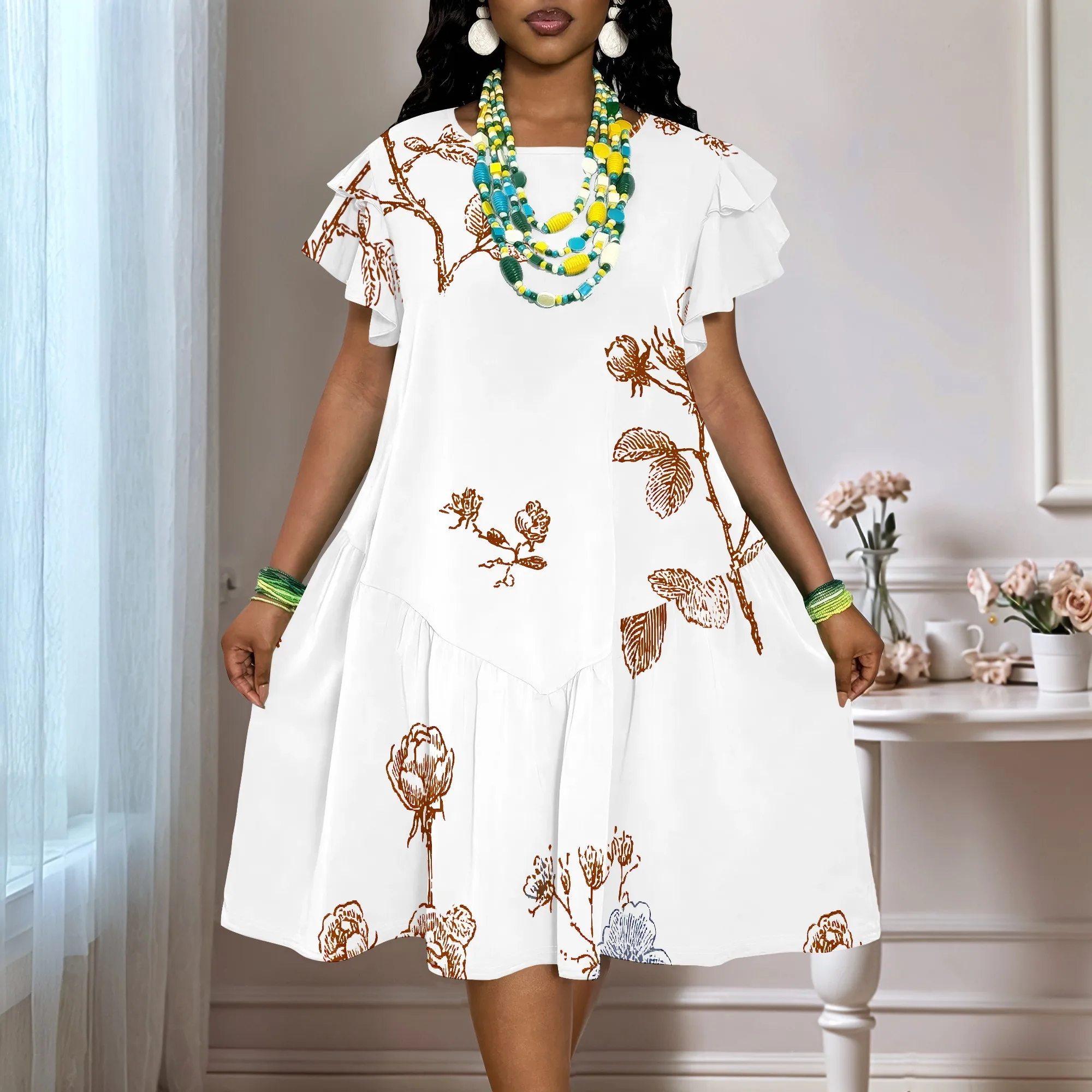 Women's Floral Print Short Sleeve Dress with Ruffle Sleeves - Casual Summer A-Line Swing Dress