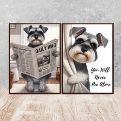 Funny Bathroom Humorous Animal Wall Decor Mini Schnauzer Reading Newspaper in Toilet Poster Dog Lovers Art Print Canvas Painting