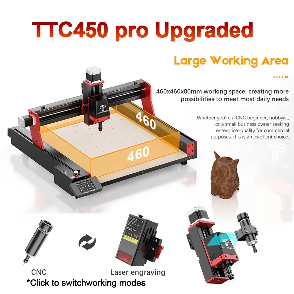Twotrees TTC450Pro Upgraded CNC Engraving Machine 460x460mm Work Area Three-Axis Desktop Router Fourth Axis GRBL For Wood, MDF,