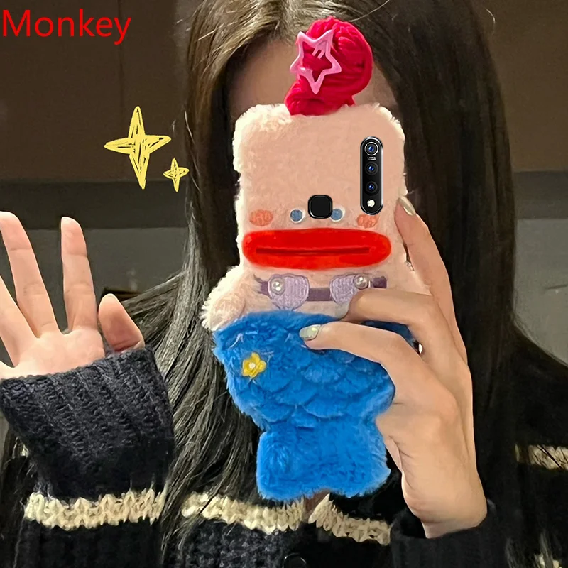 3D Cute Plush Mermaid Girls Gift Phone Case For VIVO Y20 Y17 Y15S Y12 Y11 Y33S Y22 Y16 Y35 Y02 V25 V23 V21 V20 Fluffy Hair Cover