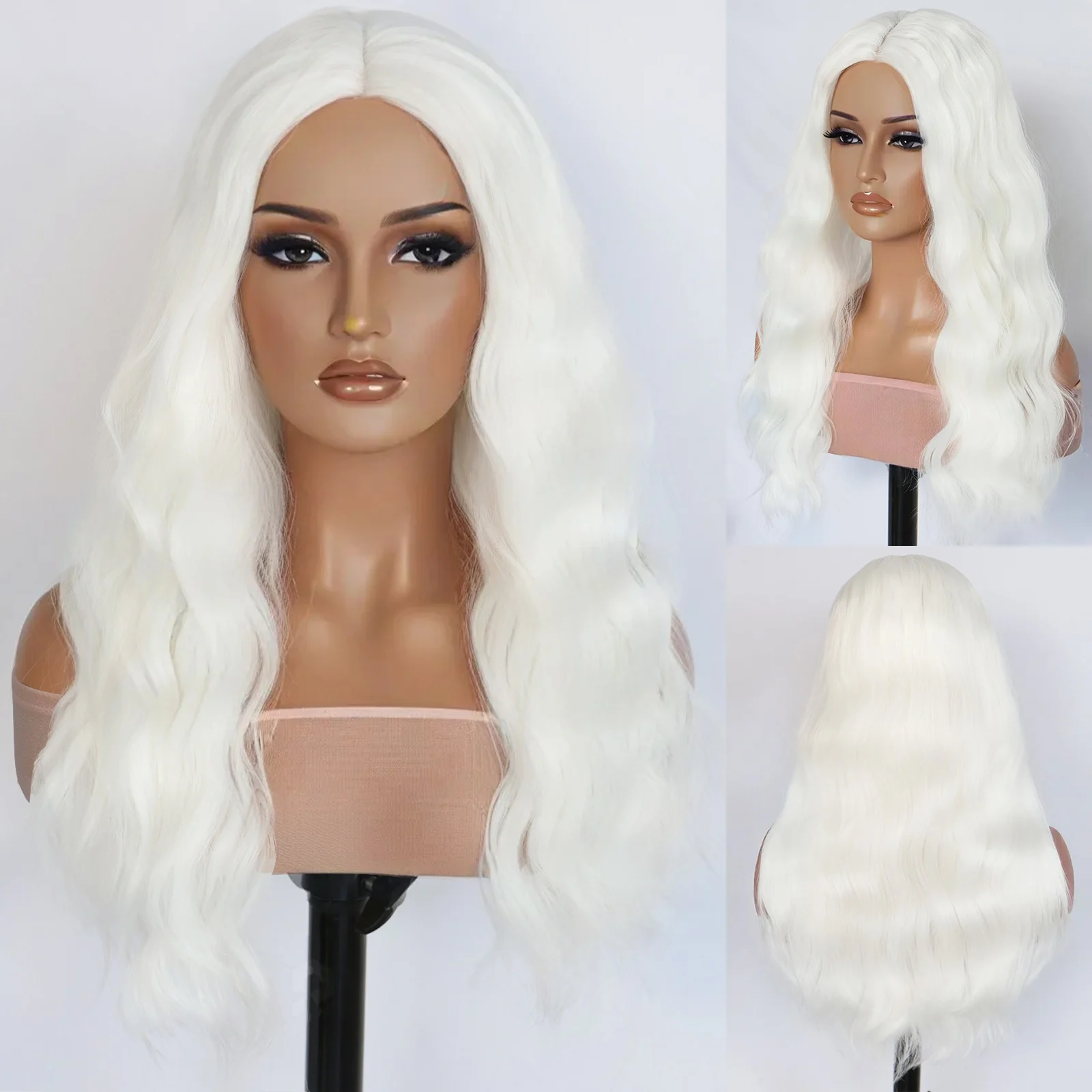 Peluca de pelo largo y rizado blanco para mujer con pelo rizado natural de 24 pulgadas y fibra sintética resistente al calor, adecuada para el uso diario