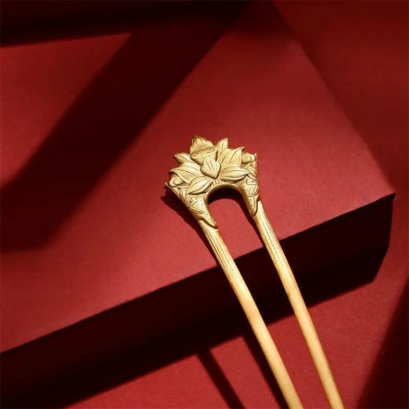 Hairpin Tang Dynasty Copper Gold Plated Lotus Flower Hairpin Ancient Method Gold Chisel Carved Hanfu Jewelry Linghua Mirror
