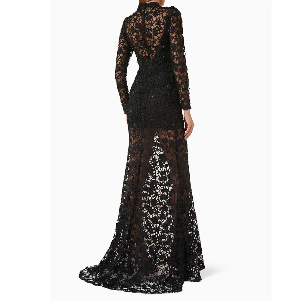 YUNLAN Customized Black Lace Luxury Crystal High Neck Long Sleeve Evening Dress Dubai Cocktail Ball Birthday Party Trailing Gown