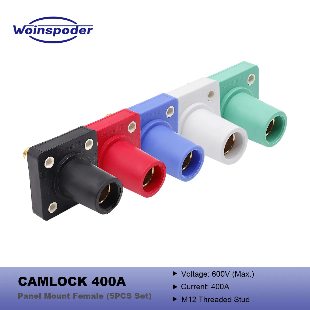 

WOINSPODER 600 Volt 400 Amp Panel Mounted Male Socket 3 Phase Camlock Receptacles Durable TPV Housing M12 Threaded Stud